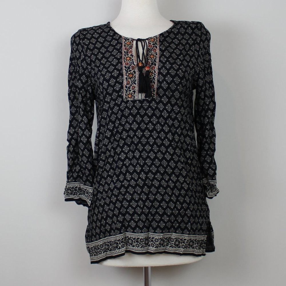Lucky Brand Black Boho Print Beaded Tunic Blouse Top